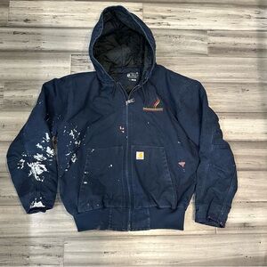 Carhartt j130-m Navy Blue Canvas Winter Coat Jacket Paint Stained Size L